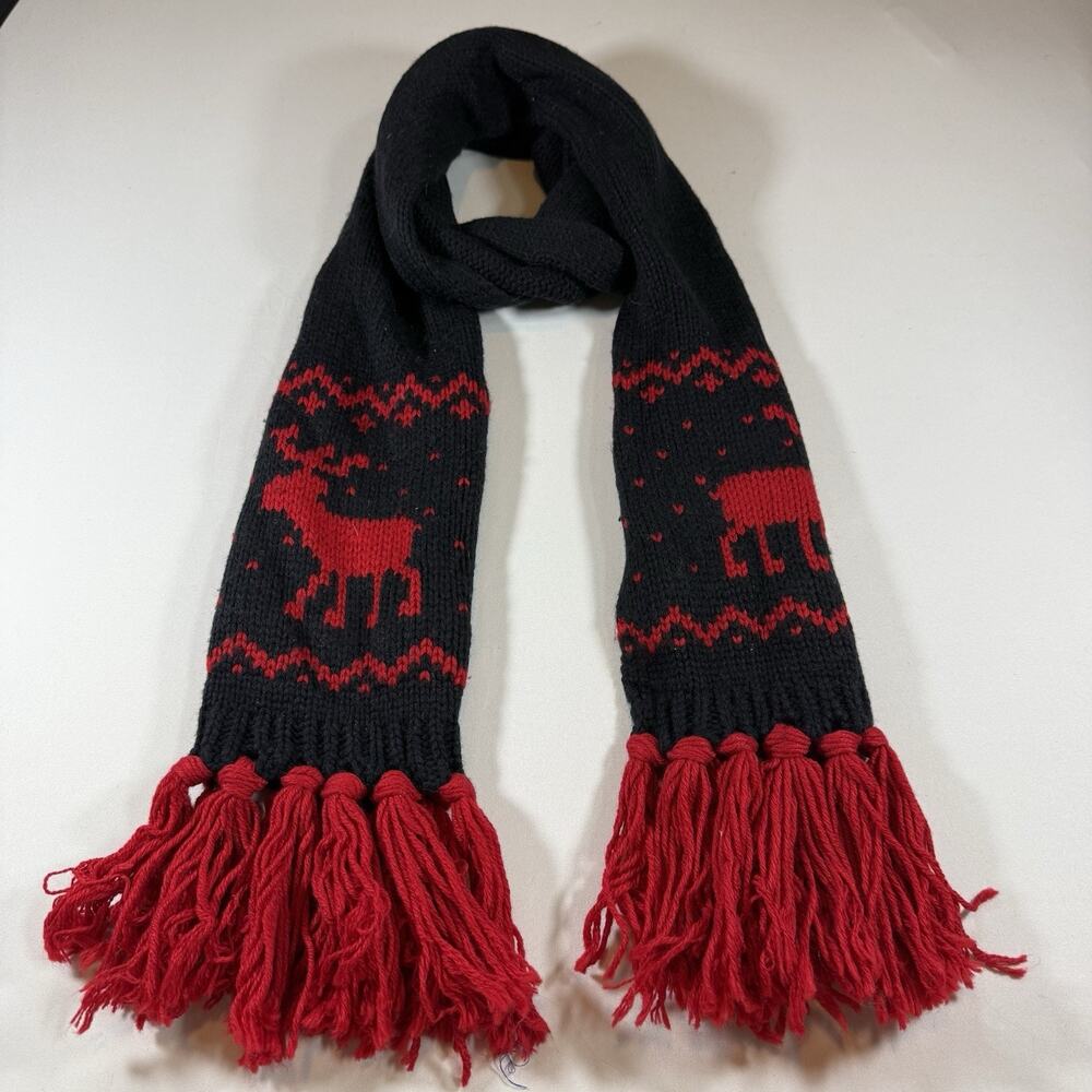 Vintage Y2K Abercrombie Knit Moose Winter Scarf Fringe Preppy - Red Navy OS